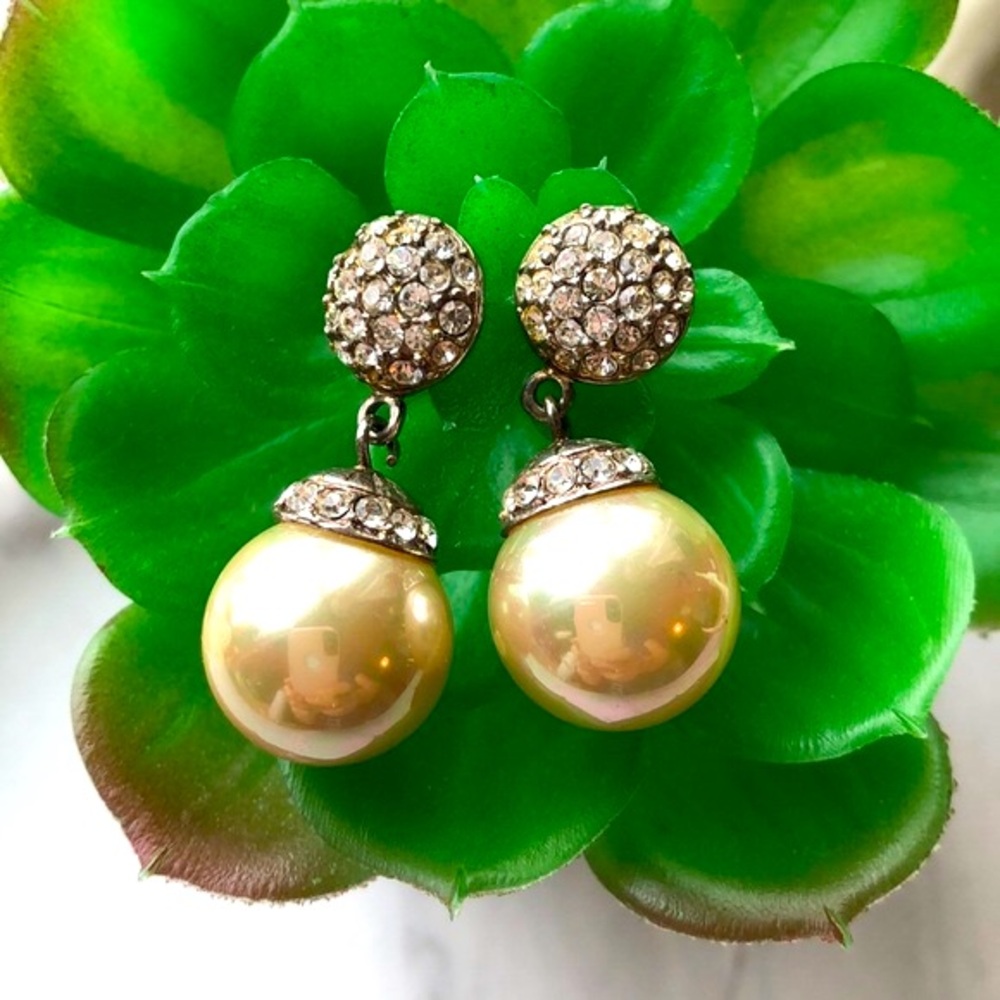 VTG-Faux Pearl Diamond/Rhinestone Boho Post Dangle Statement Earrings kentshire